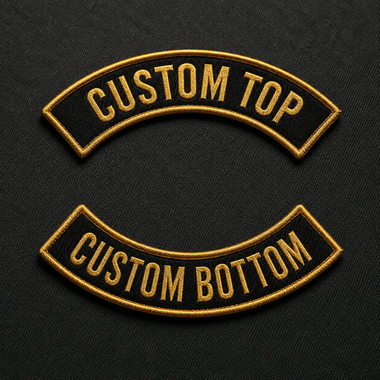 Custom motorcycle club deep curve rocker pair with gold embroidery and a pronounced matched contour.