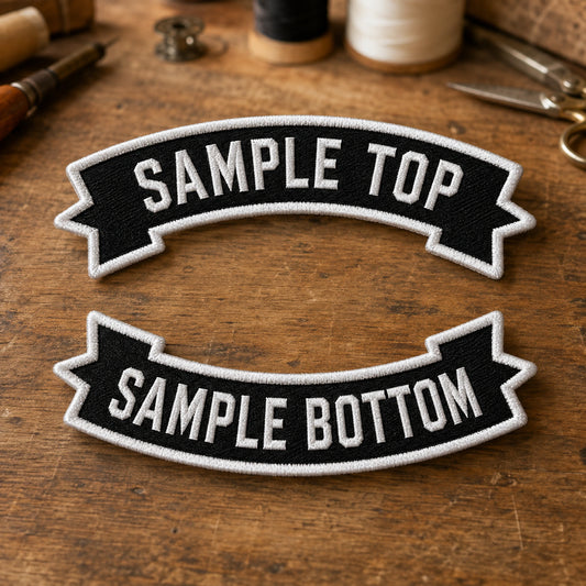 Custom motorcycle club heritage banner rocker pair with structured ends and traditional embroidered borders.