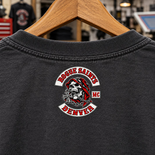Compact Rogue Saints branding printed outside below the back collar of a custom club T-shirt.