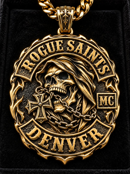 Gold-plated Rogue Saints club medallion pendant concept with a framed emblem.