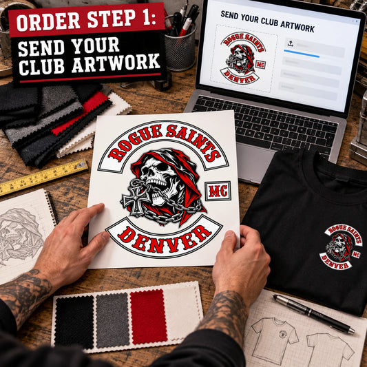 Rogue Saints club logo artwork submitted with fabric and placement references for a custom T-shirt design.