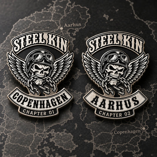 Two Steel Kin motorcycle club chapter badges for Copenhagen Chapter 01 and Aarhus Chapter 02.