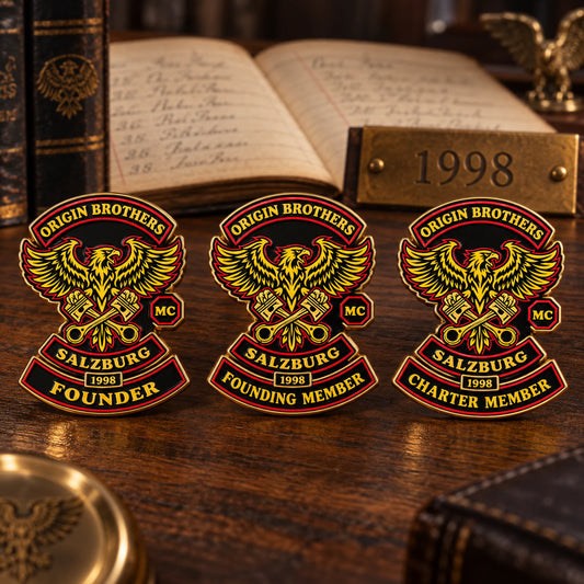 Origin Brothers motorcycle club badges for a founder, founding member and charter member established in 1998.