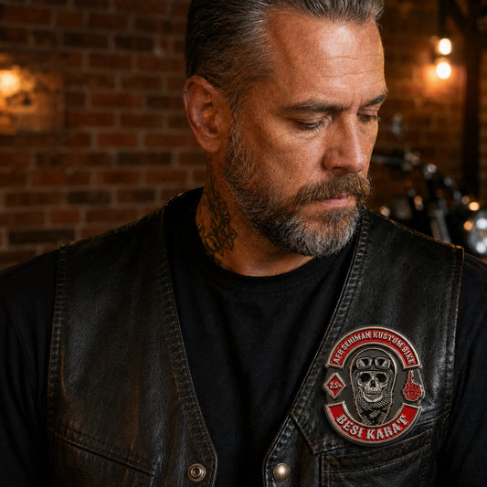 Full member badge featuring a custom metal motorcycle club badge made with an approved club logo.