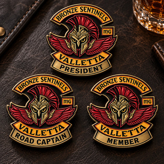 Officer and rank badge featuring a custom metal motorcycle club badge made with an approved club logo.