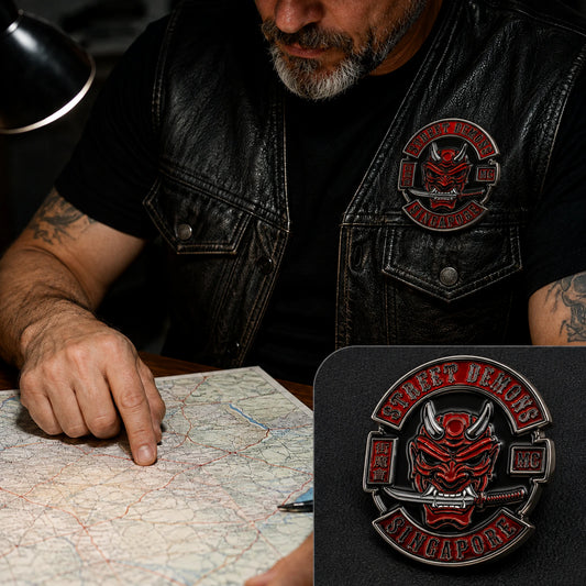 Officer and rank badge featuring a custom metal motorcycle club badge made with an approved club logo.