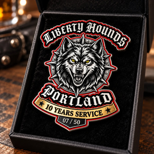 Recognition and special-edition badge featuring a custom metal motorcycle club badge made with an approved club logo.
