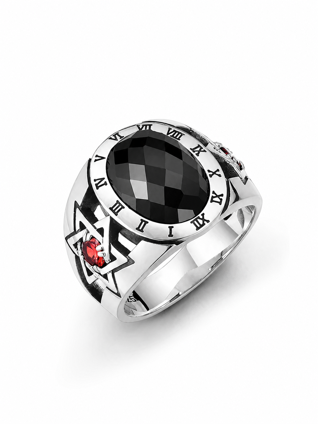 Roman Numeral Black Gem Hexagram Sterling Silver Ring - product view