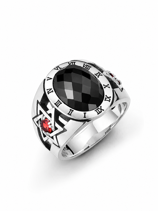 Roman Numeral Black Gem Hexagram Sterling Silver Ring - product view