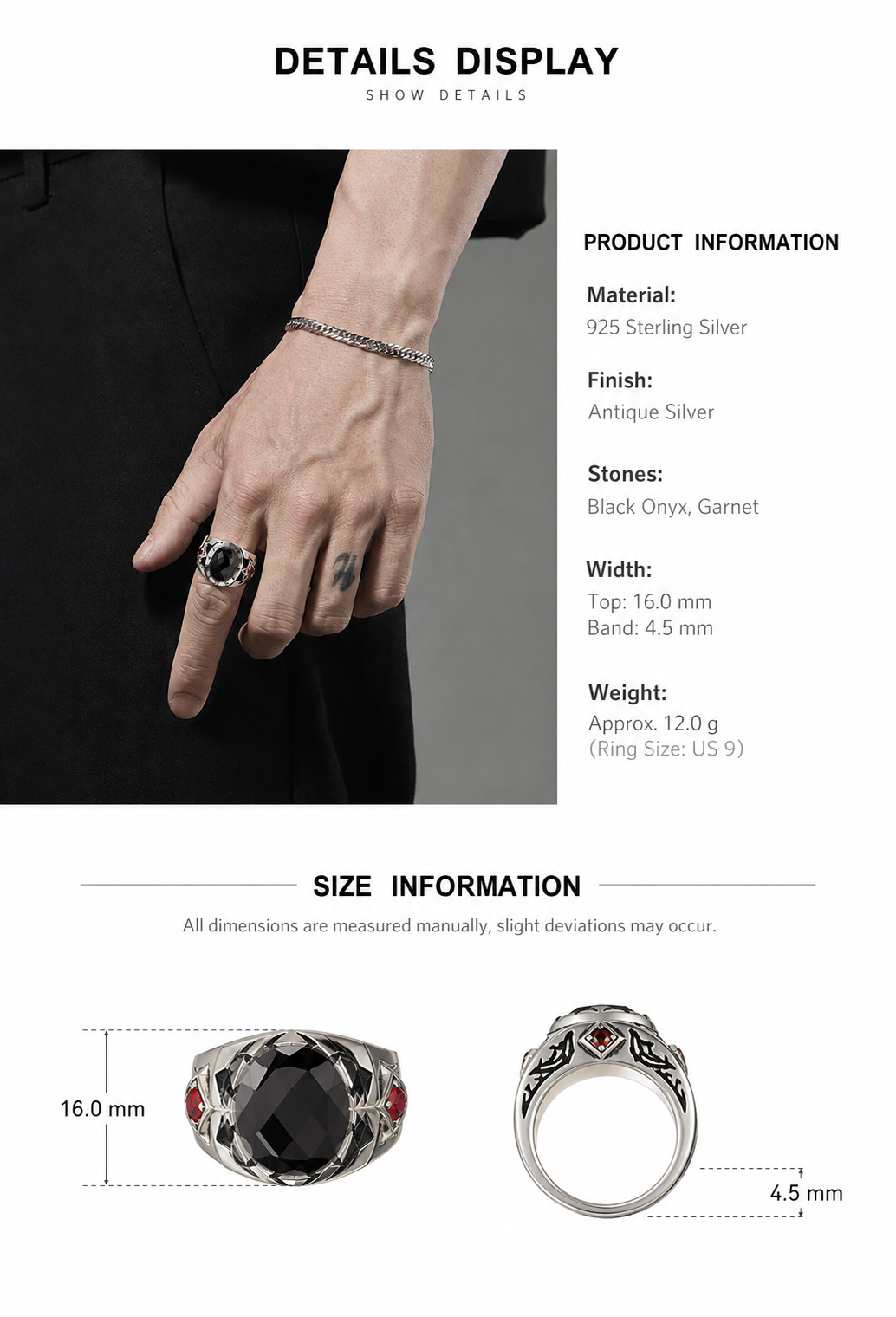 Roman Numeral Black Gem Hexagram Sterling Silver Ring - English product detail 10