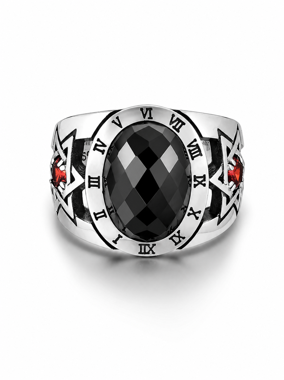 Roman Numeral Black Gem Hexagram Sterling Silver Ring - product view 2