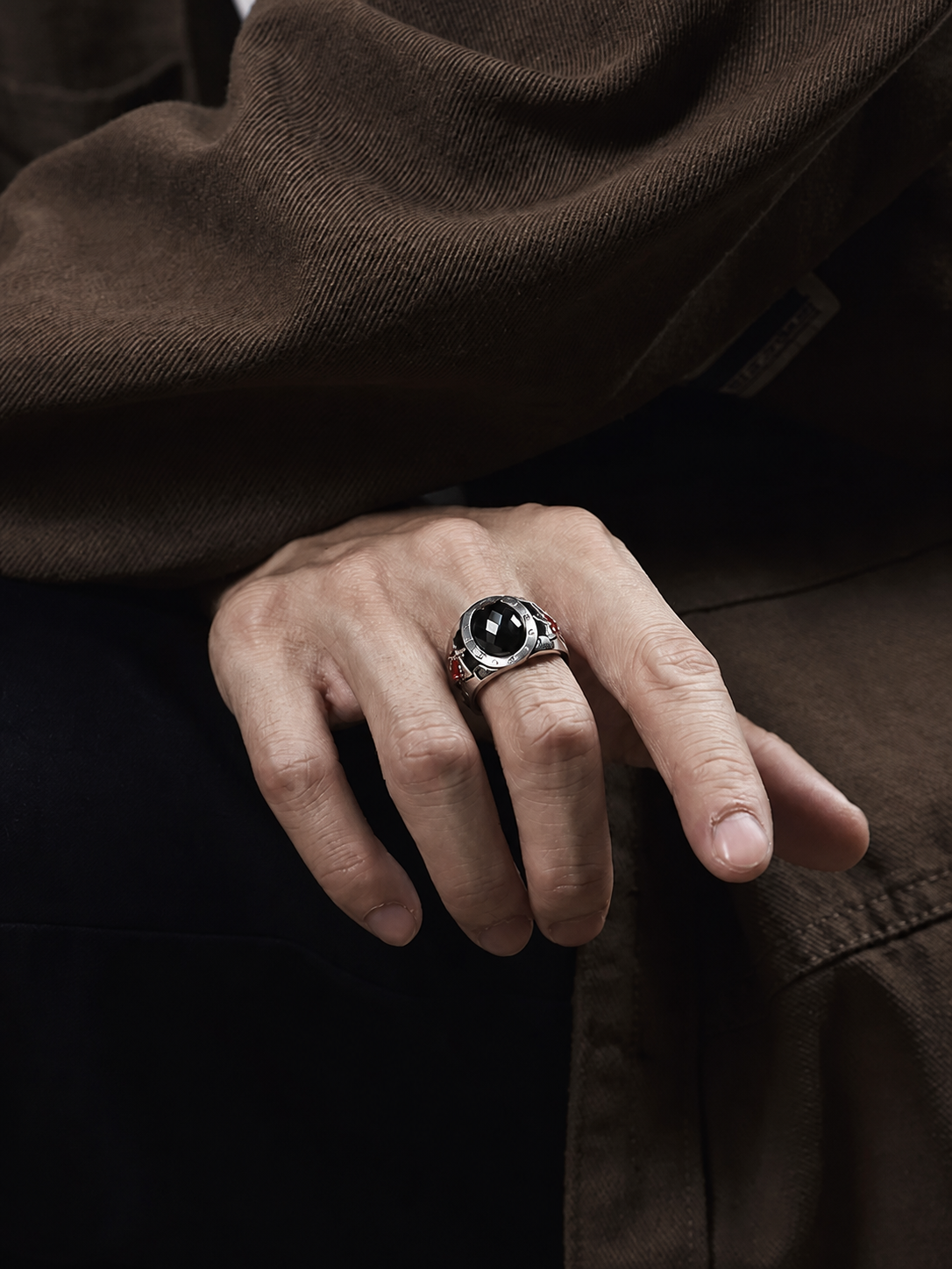 Roman Numeral Black Gem Hexagram Sterling Silver Ring - product view 4