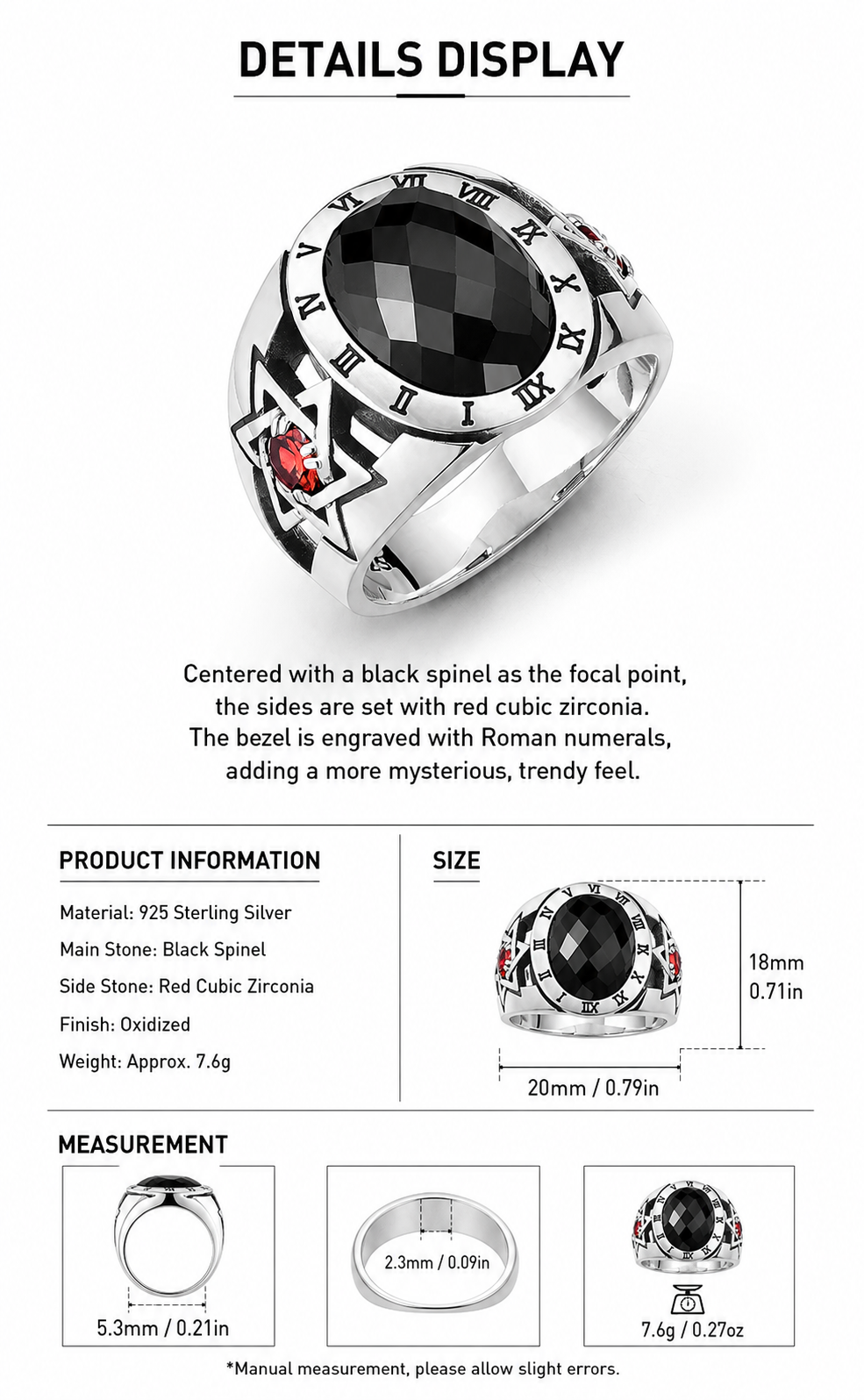Roman Numeral Black Gem Hexagram Sterling Silver Ring - English product detail 8