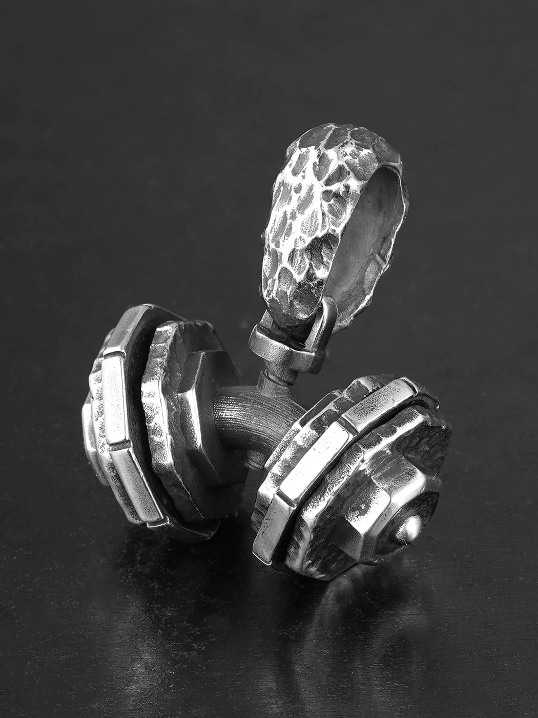 Rotating dumbbell sterling silver biker pendant, front view