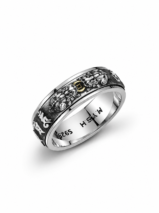 Rotating Pixiu Mantra Sterling Silver Ring - product view