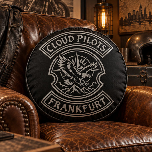 Round motorcycle club cushion designed around a circular approved emblem.