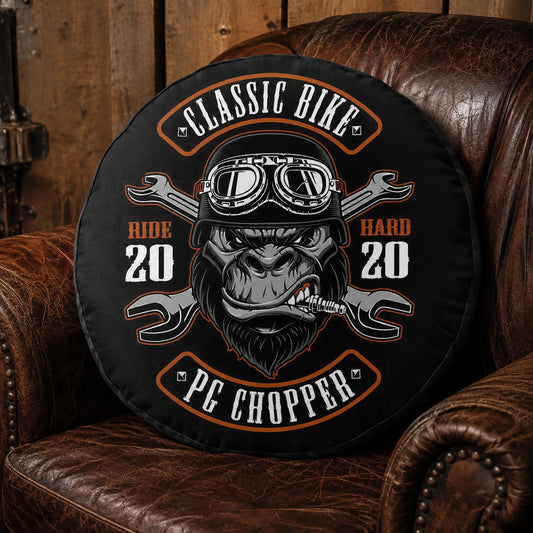 Round motorcycle club cushion designed around a circular approved emblem.