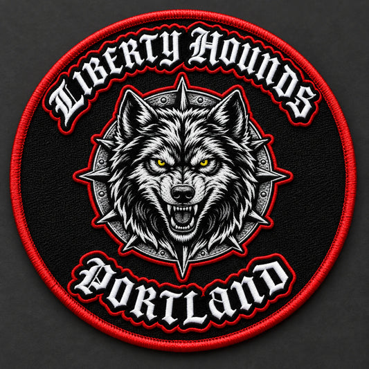 Custom motorcycle club event patch featuring the liberty hounds portland logo for round patch shape.
