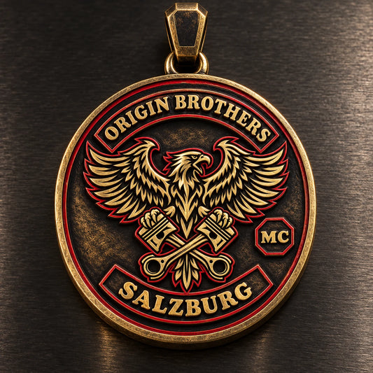 Round Origin Brothers motorcycle club zinc alloy pendant with eagle and piston relief in an aged brass-tone finish.