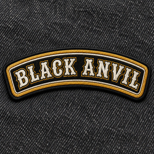 Rounded-end embroidered motorcycle club name bar with traditional merrowed edge and raised lettering, showing custom motorcycle club name bar patch options.