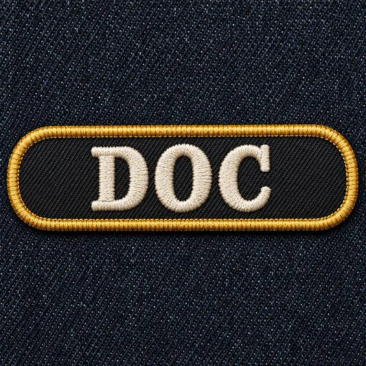 Rounded-end embroidered motorcycle club name bar with traditional merrowed edge and raised lettering, showing custom motorcycle club name bar patch options.