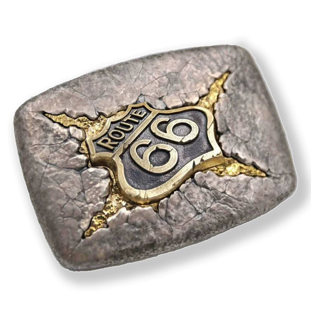 Route 66 sterling silver and brass biker belt buckle product view