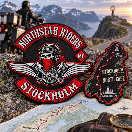 Custom motorcycle club event patch featuring the northstar riders stockholm logo for route and landmark.