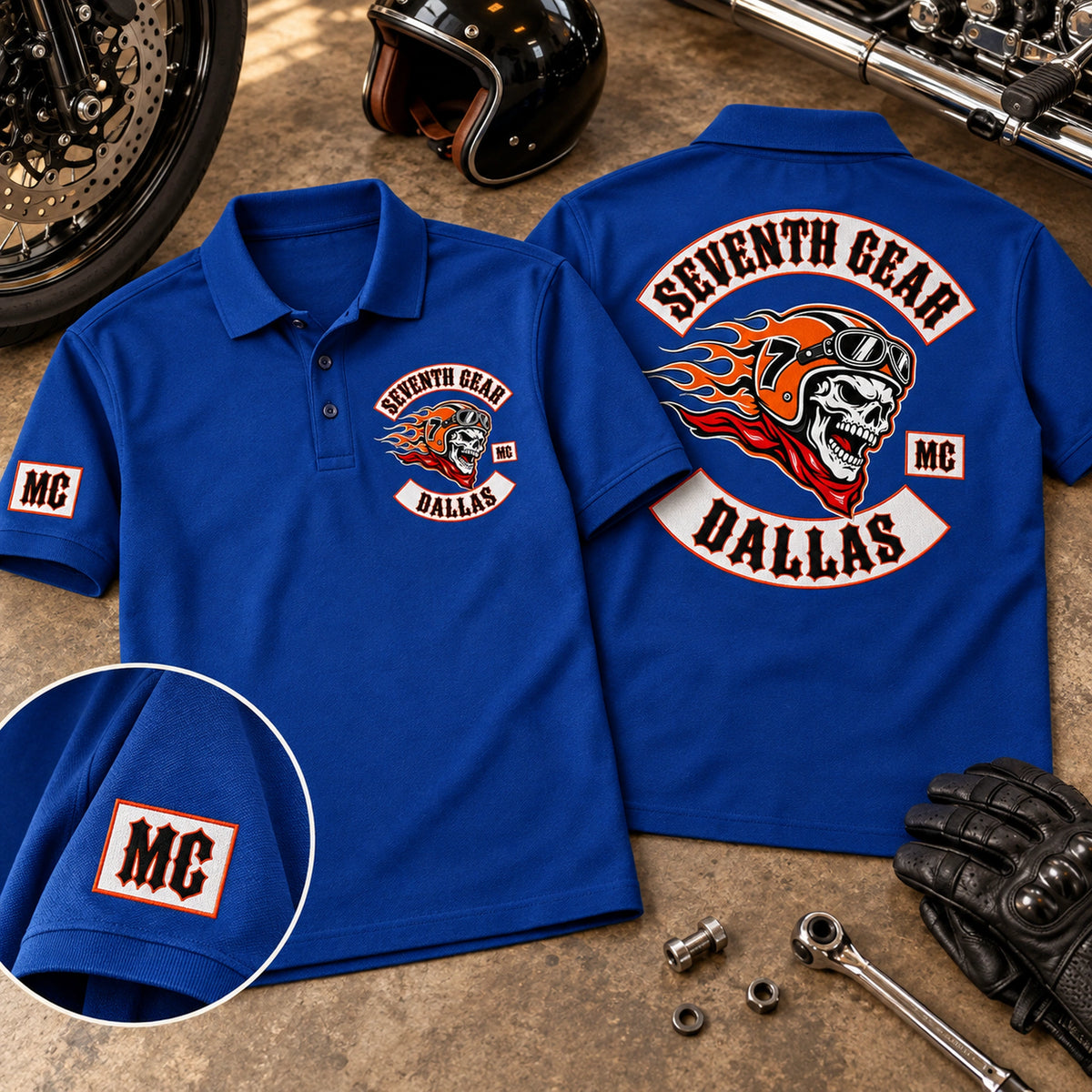 Royal blue Seventh Gear Dallas polo samples display chest, sleeve and large back club logo placements.