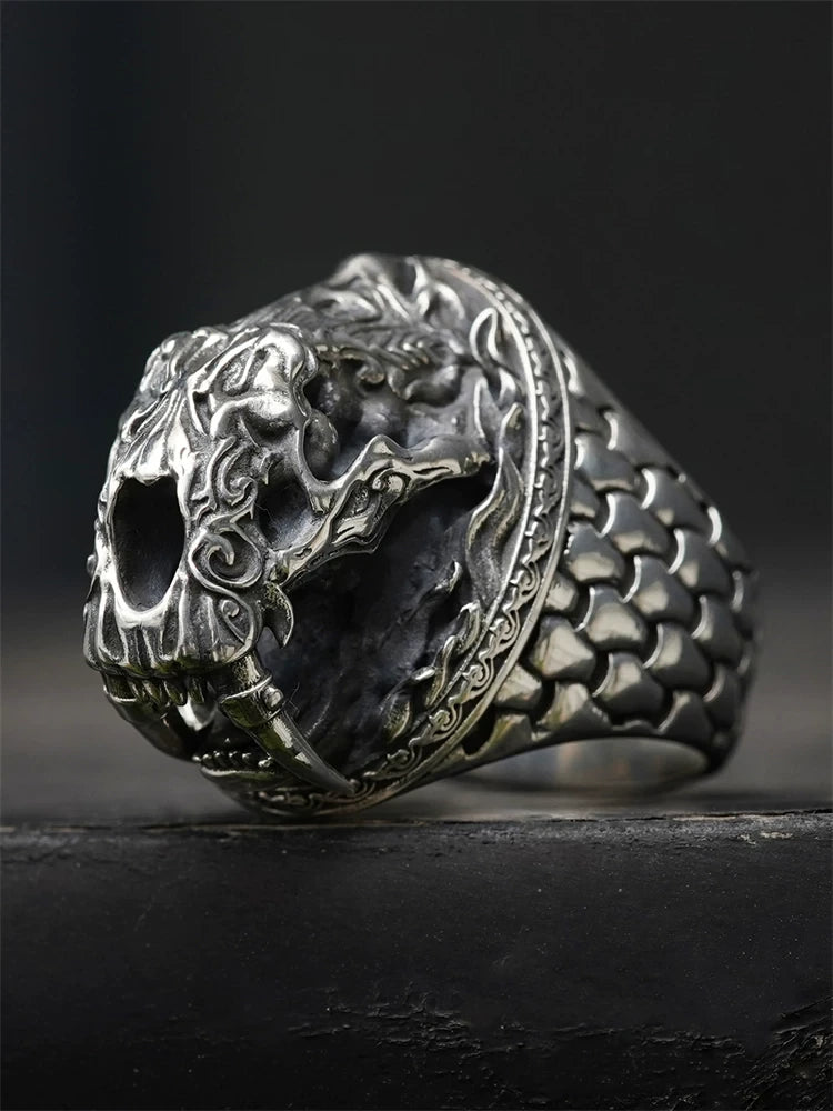 Saber-tooth tiger 925 sterling silver biker ring front view