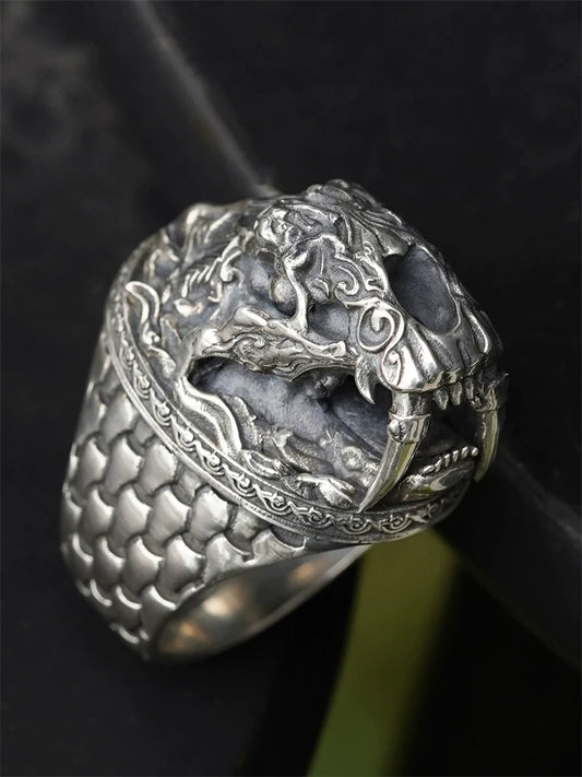 Saber-tooth tiger sterling silver motorcycle ring side profile