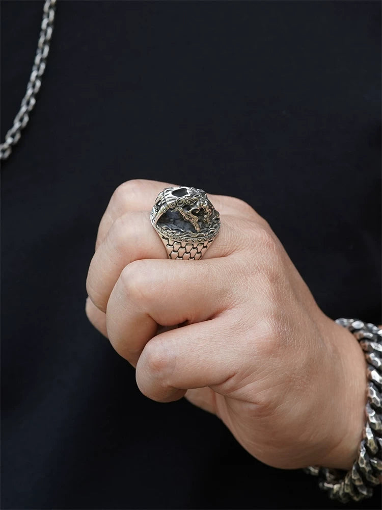 Oxidized silver saber-tooth tiger ring sculpted detail