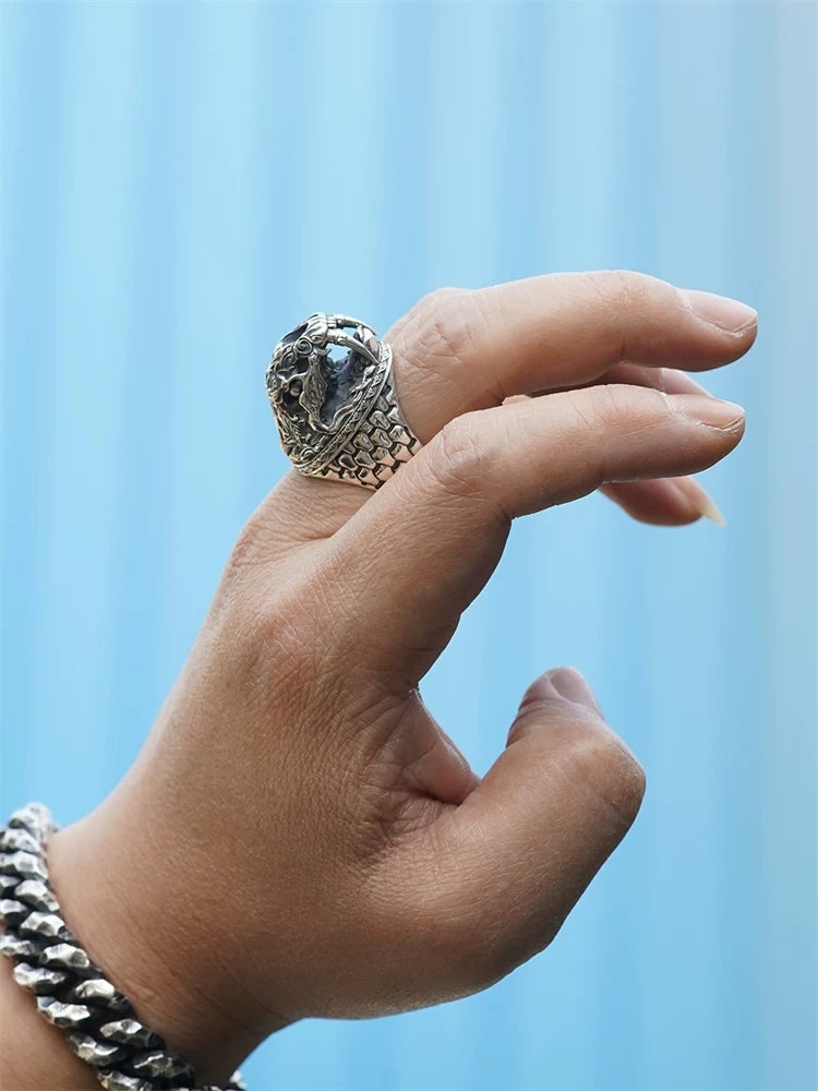Saber-tooth tiger silver statement ring alternate angle