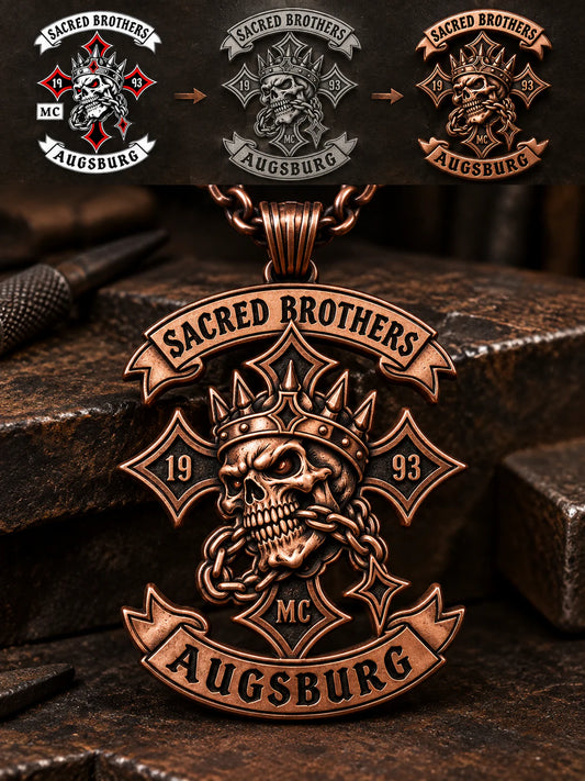 Sacred Brothers club artwork developed into a one-piece pure copper motorcycle club pendant.