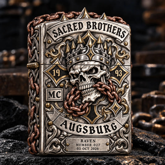 Sacred Brothers motorcycle club lighter with chain-bound sculptural metalwork and separate engraved member details.