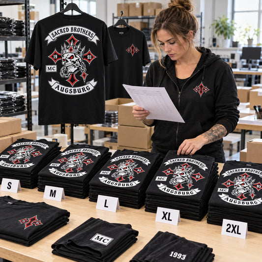 Sacred Brothers Augsburg motorcycle club T-shirts sorted into mixed sizes for a coordinated group order at a professional packing station.
