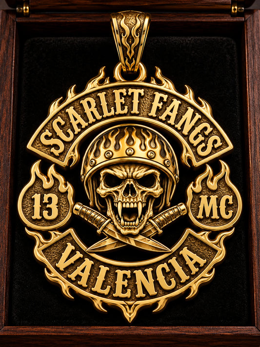Scarlet Fangs anniversary gold-plated motorcycle club pendant concept in a presentation box.