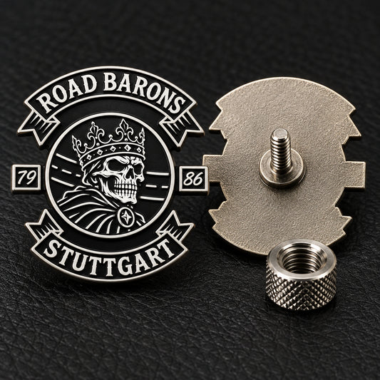 ROAD BARONS pin shown with a threaded screw post and knurled retaining nut.