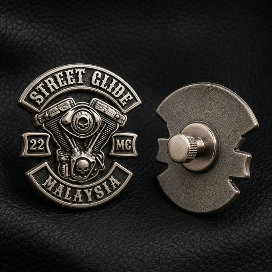 Connected antique silver STREET CLIDE 3D club pin shown front and rear with a realistic threaded screw-back fastener.