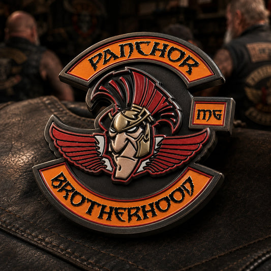 3D center motorcycle club pin with flat outer lettering
