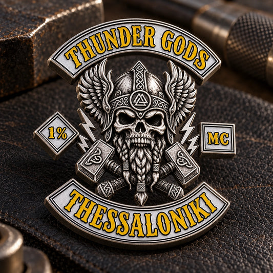Thunder Gods Thessaloniki pin with sculpted 3D center and flatter outer lettering