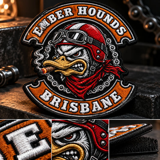 Chest patch with selective raised initials and flat surrounding detail for a motorcycle club, shown at dark product pedestal.