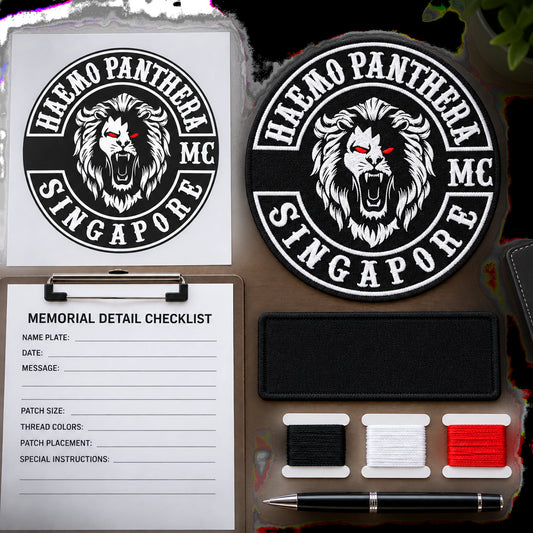 Approved motorcycle club logo and memorial details prepared for custom patch design.