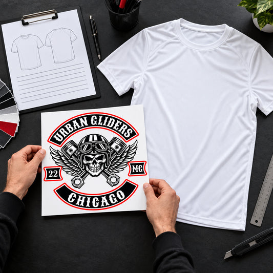 Approved motorcycle club logo prepared for a custom performance shirt order.