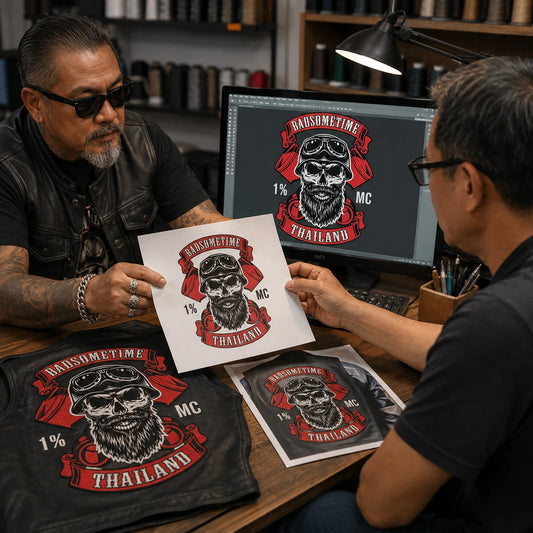 Motorcycle club representative submitting approved logo artwork and an existing patch reference.