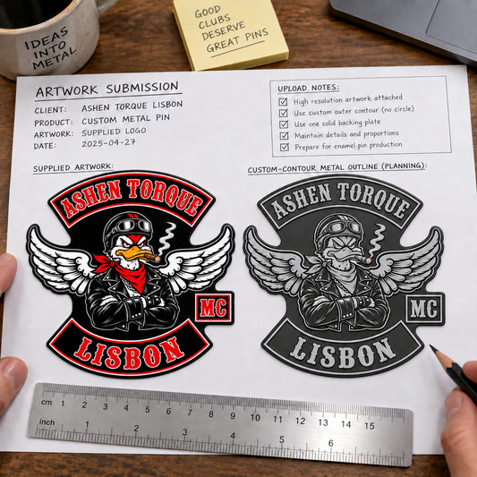 Approved motorcycle club artwork prepared for a custom 2D pin design.