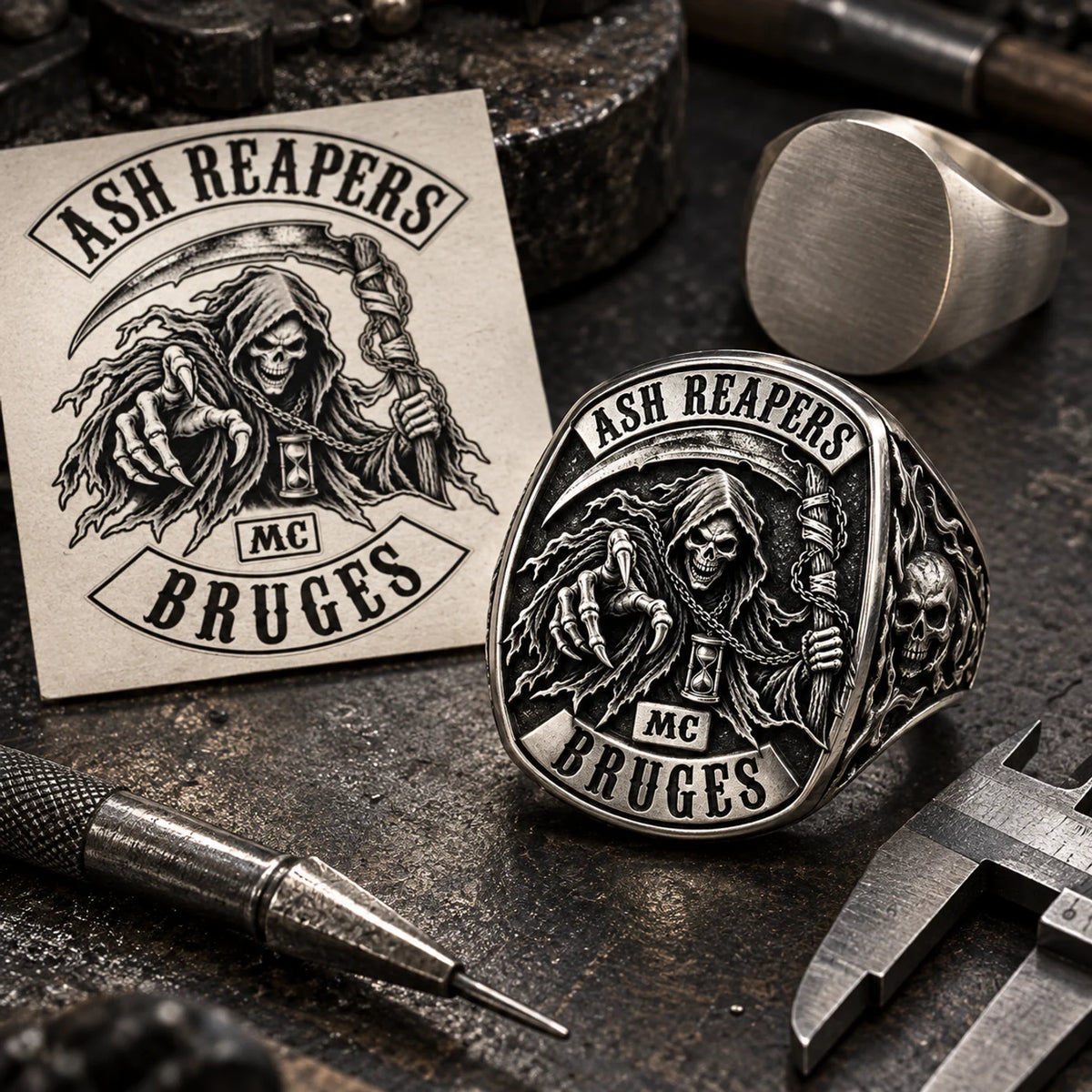 Ash Reapers motorcycle club artwork being prepared for a custom white copper ring.