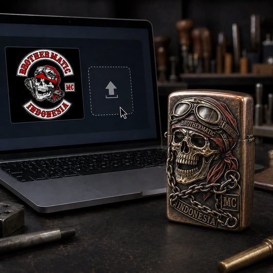 Approved motorcycle club logo beside an unadorned custom metal lighter