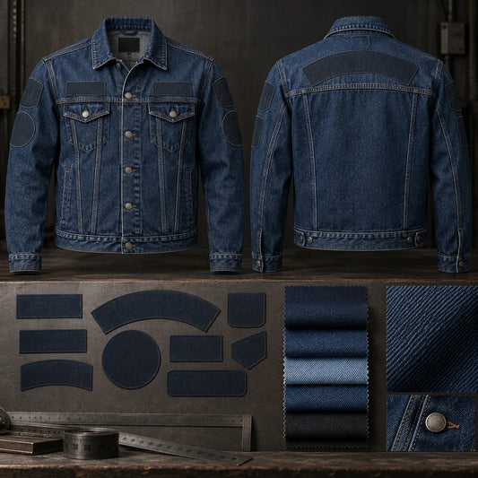 Blank denim jacket with neutral artwork, patch-layout and material references for project intake.