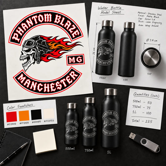 top-down artwork intake desk with the exact supplied club logo, bottle model sheet, color swatches and quantity notes for a motorcycle club.