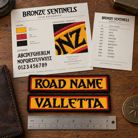 Name-bar samples, a clean measurement card and an organized member-name proof sheet at an artwork intake desk, with patches as the dominant subject, showing custom motorcycle club name bar patch options.